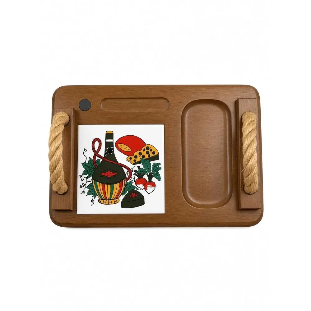 Vintage Wood Wine and Cheese Serving Board, Painted Tile Insert, Rope Handles